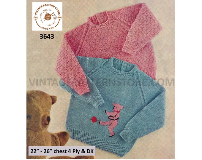 Girls Boys Toddlers 70s round neck easy to knit motif or textured 4 ply & DK raglan sweater pdf knitting pattern 22" to 26" Download 3643