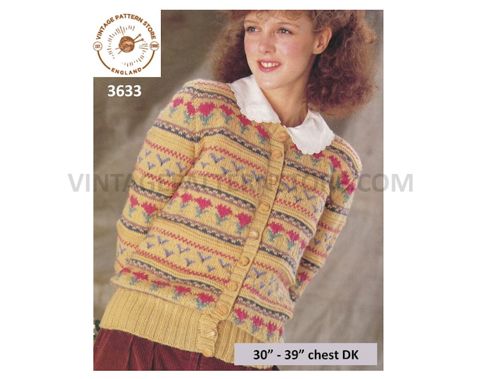 Ladies Womens 80s vintage DK round neck floral and fair isle banded raglan cardigan pdf knitting pattern 30" to 39" Instant download 3633