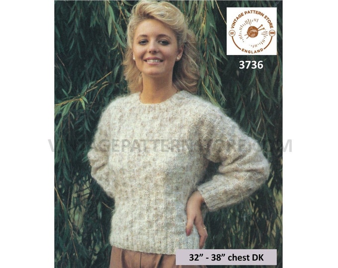 Ladies Womens 80s vintage round neck ridge cable check cabled DK dolman sweater jumper knitting pattern 32" to 38" Instant PDF download 3736