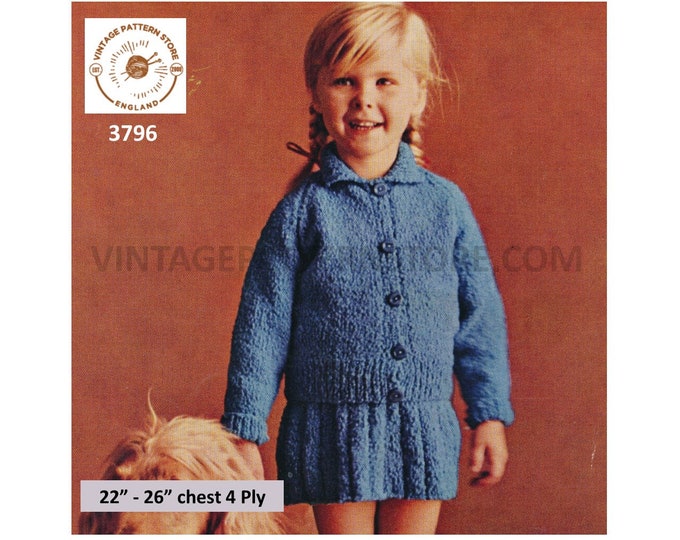 Girls 70s vintage 4 ply round neck collared raglan cardigan & ribbed rib skirt pdf knitting pattern 22" to 26" Instant PDF download 3796