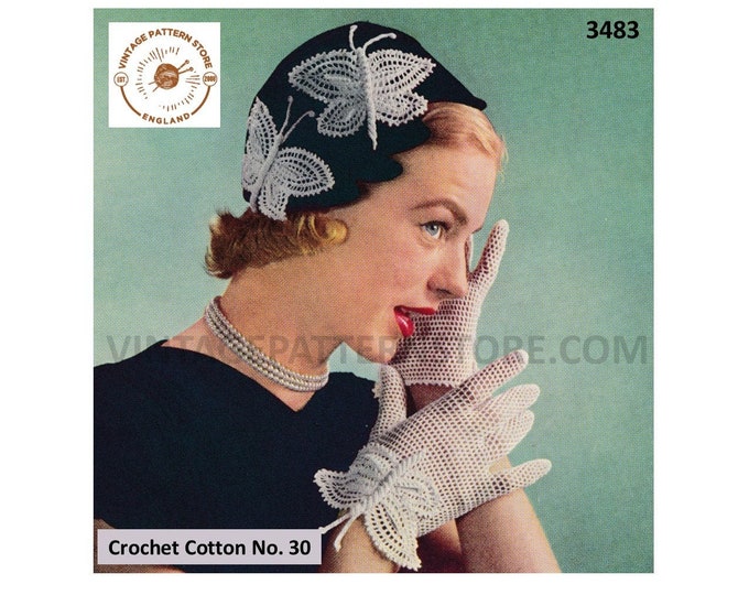 Ladies Womens 50s vintage lacy lace butterfly motif hat and gloves pdf crochet pattern small medium & large sizes Instant PDF Download 3483