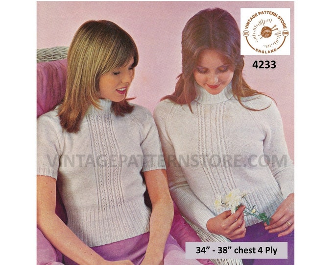 Ladies Womens 70s 4 ply polo neck cabled cable panel long & short sleeve raglan sweater jumper pdf knitting pattern 34" to 38" Download 4233