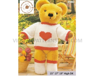 90s DK 15" 17" 19" high DK cuddly teddy bear clothes heart sweater and socks pdf knitting pattern Instant PDF download 3980