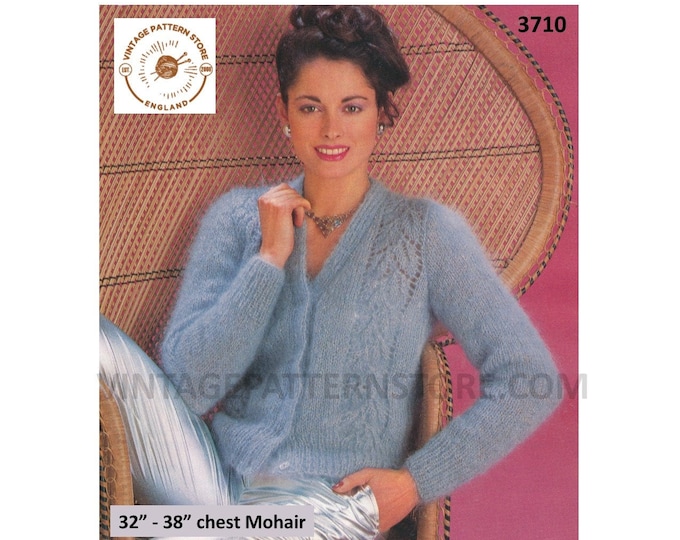 Ladies Womens 80s vintage V neck leaf lace panel lacy raglan mohair cardigan pdf knitting pattern 32" to 38" Instant PDF download 3710