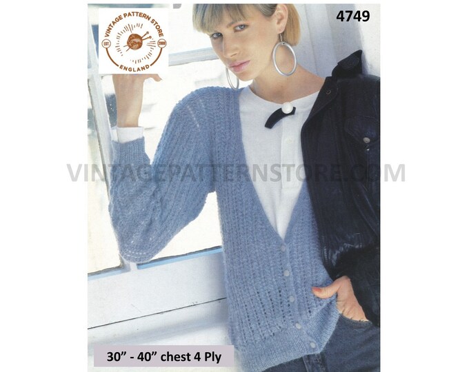 Ladies Womens 90s 4 ply V neck simple quick and easy to knit raglan cardigan pdf knitting pattern 30" to 40" Instant PDF Download 4749