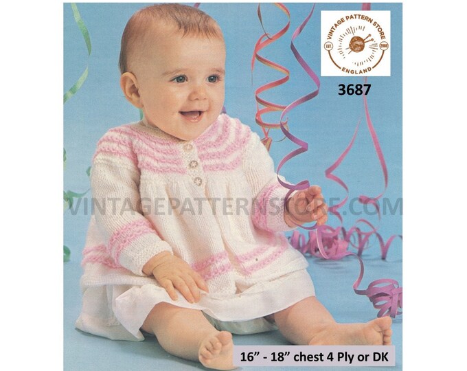 Baby Babies 80s vintage 4 ply or DK round neck contrast yoke lacy matinee jacket coat pdf knitting pattern 16" to 18" chest Download 3687