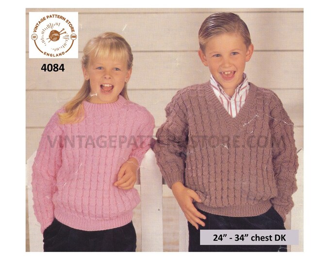 Boys Girls 90s V or round neck drop shoulder cable cabled dolman sweater jumper pdf knitting pattern 24" to 34" chest Instant download 4084