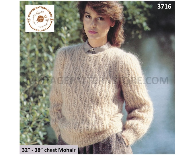 Ladies Womens 80s vintage round neck wheat sheaf lace lacy cabled mohair raglan sweater jumper pdf knitting pattern 32" to 38" Download 3716