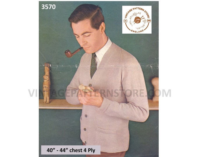 Mens Mans 50s vintage plain and simple easy to knit V neck 4 ply raglan cardigan pdf knitting pattern 40" to 44" chest PDF download 3570