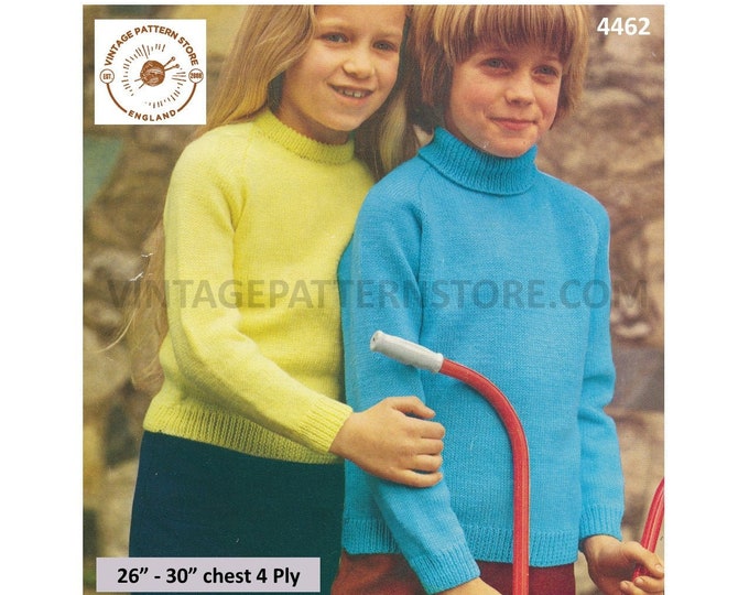Boys Girls 70s plain and simple easy to knit 4 ply polo or crew neck raglan sweater jumper pdf knitting pattern 26" to 30" PDF Download 4462