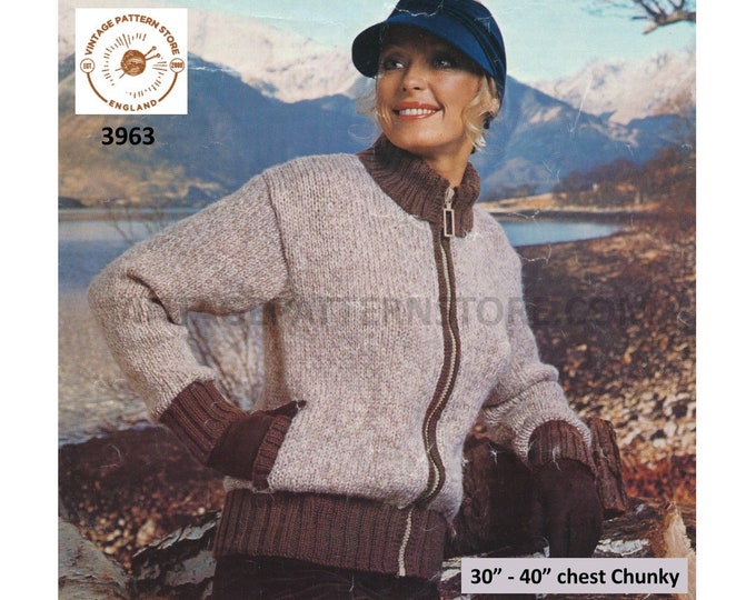 Ladies Womens 70s vintage chunky knit polo neck zipped zip up raglan jacket coat pdf knitting pattern 30" to 40" Instant PDF download 3963
