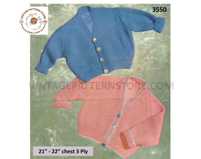 Baby Babies 50s 3 ply texture panel and easy to knit plain and simple V neck raglan cardigan pdf knitting pattern 21" & 22" Download 3550