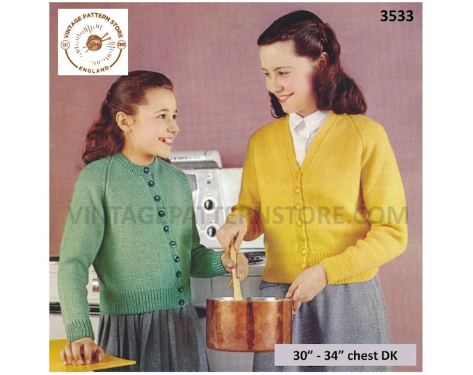 Girls 50s vintage plain and simple easy to knit DK V or round neck raglan cardigan pdf knitting pattern 30" to 34" Instant PDF download 3533