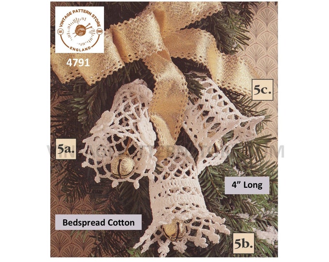 90s vintage crochet bell Christmas tree decoration ornament pdf crochet pattern 3 designs to make 4" Long Instant PDF Download 4791