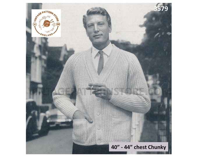 Mens Mans 50s vintage plain and simple chunky easy to knit V neck raglan cardigan coat pdf knitting pattern 40" to 44" chest Download 3579