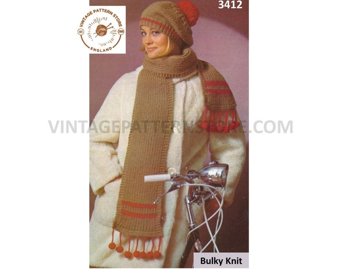 Ladies Womens 60s vintage bulky knit easy to knit beret hat cap and fringed scarf pdf knitting pattern Adult Size Instant PDF Download 3412