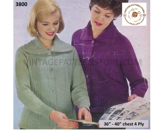 Ladies Womens 70s vintage 4 ply collared cable panel cabled raglan cardigan jacket pdf knitting pattern 36" to 40" Instant PDF download 3800