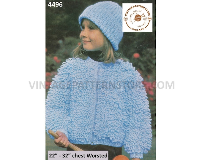 Girls 70s vintage round neck loopy worsted zipped zip up zipper raglan jacket coat & cap hat pdf knitting pattern 22" to 32" Download 4496