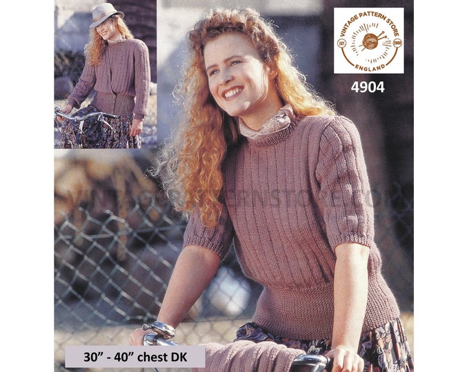 Ladies Womens 90s DK short sleeve wide rib ribbed round neck sweater V neck cardigan twin set pdf knitting pattern 30" to 40" Download 4904