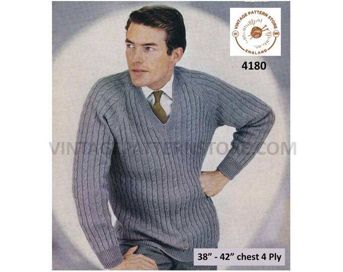 Mens Mans 60s vintage V neck cabled cable and rib ribbed raglan 4 ply sweater jumper pdf knitting pattern 38" to 42" Download 4180