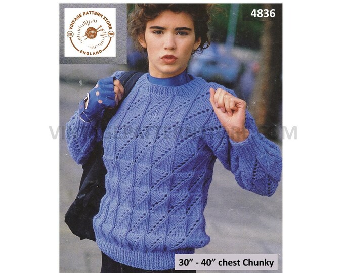 Womens Ladies 90s chunky knit round neck cable & lace lacy drop shoulder dolman sweater jumper pdf knitting pattern 30" to 40" Download 4836
