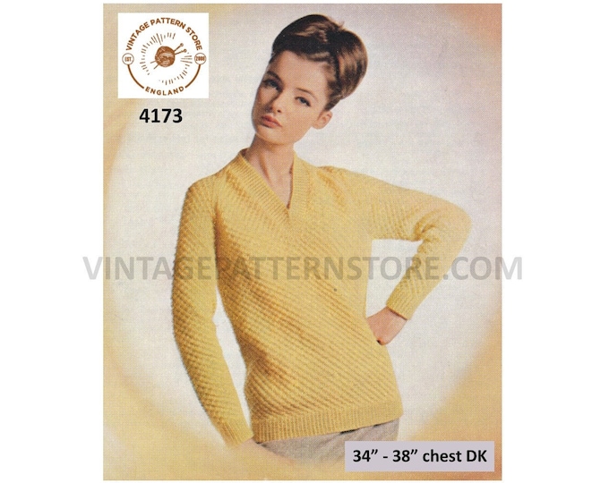 Ladies Womens 60s vintage V neck textured raglan DK sweater jumper pullover pdf knitting pattern 34" to 38" Instant Download 4173