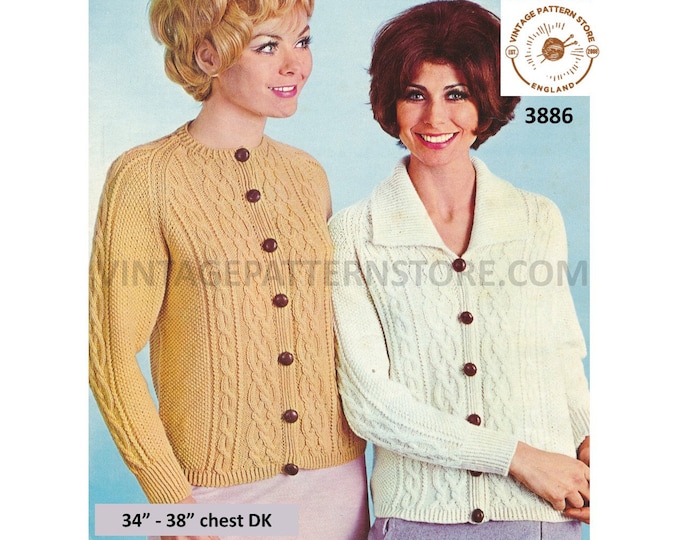 Ladies Womens 70s vintage round neck or collared cable panel raglan DK cardigan jacket pdf knitting pattern 34" to 38" PDF download 3886