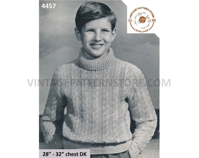 Boys 50s vintage polo neck turtleneck cabled cable & texture striped raglan DK sweater jumper pdf knitting pattern 28" to 32" Download 4457