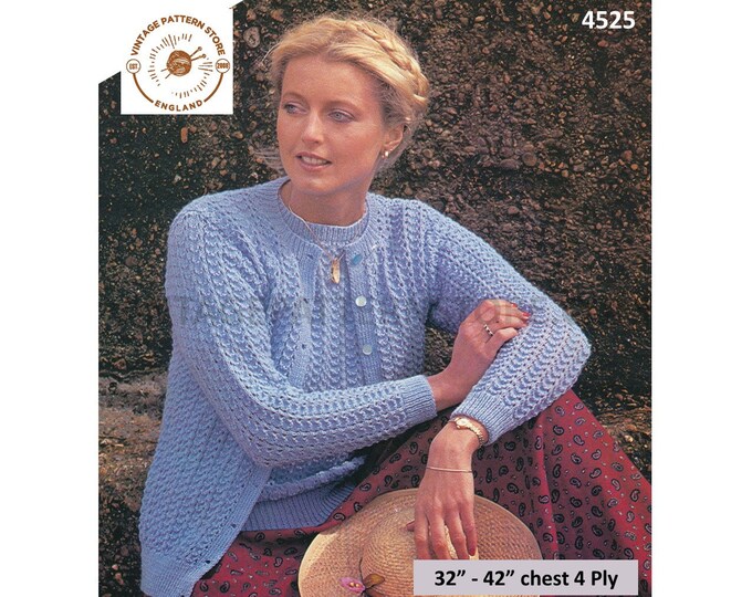 Ladies Womens 80s vintage 4 ply round neck textured raglan cardigan & sweater jumper twin set pdf knitting pattern 32" to 42" Download 4525