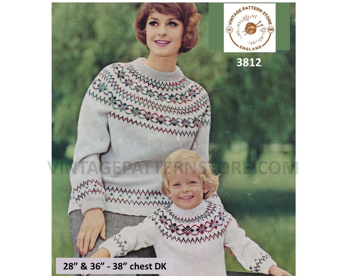 Womens Girls 70s vintage easy to knit DK crew neck fair isle yoke yoked raglan sweater pdf knitting pattern 36" to 38" & 28" Download 3812