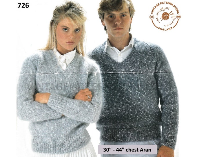Ladies Womens Mens 90s simple and easy to knit V neck raglan aran sweater jumper pdf knitting pattern 30" to 44" chest Instant download 726