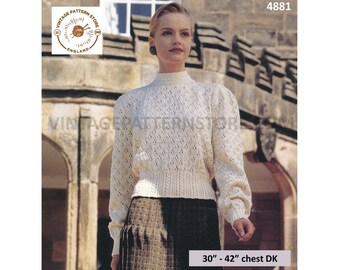 Womens Ladies 90s DK cabled funnel neck eyelet lace lacy cable welt raglan sweater jumper pdf knitting pattern 30" to 42" Download 4881