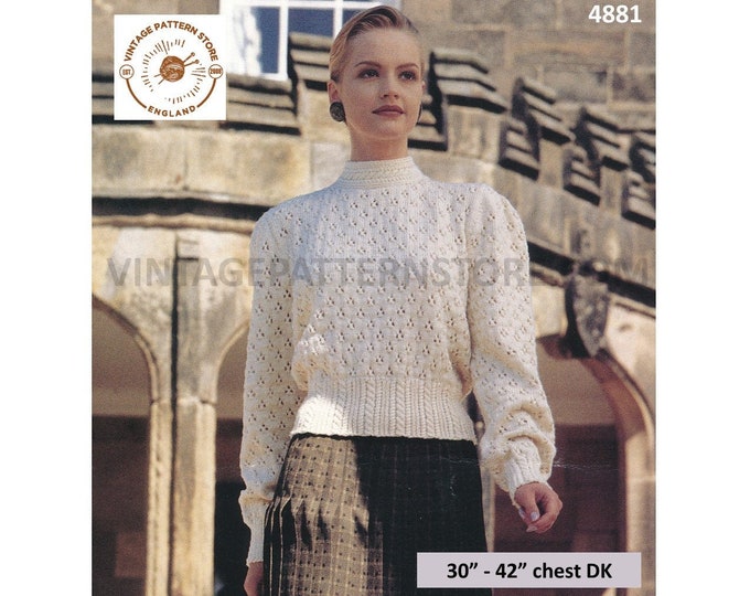 Womens Ladies 90s DK cabled funnel neck eyelet lace lacy cable welt raglan sweater jumper pdf knitting pattern 30" to 42" Download 4881