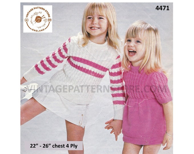 Girls 70s vintage round neck twist cable raglan jumper & cabled yoke sweater dress pdf knitting pattern 22" to 26" PDF Download 4471