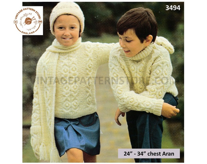 Boys Girls 90s polo neck cable & texture raglan aran sweater jumper mittens hat and scarf pdf knitting pattern 24" to 34" Download 3494