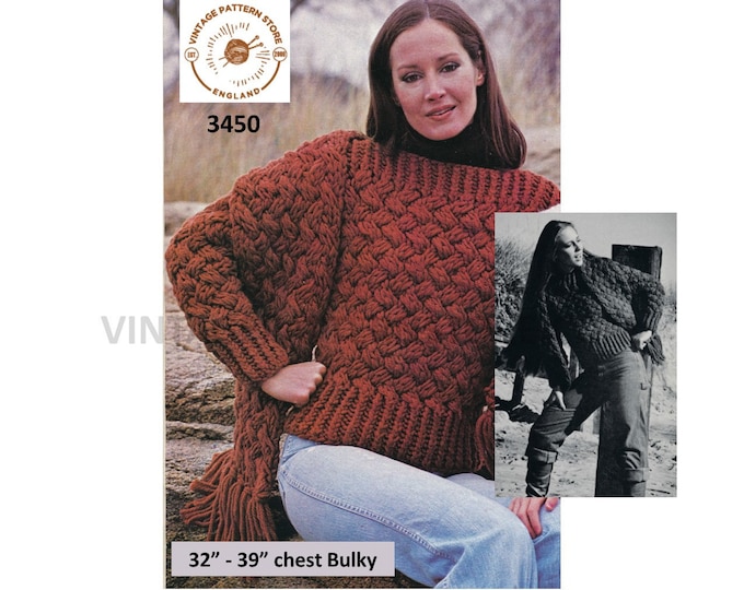 Ladies Womens 70s vintage bulky easy to knit slash neck sweater jumper & matching scarf pdf knitting pattern 32" to 39" PDF Download 3450