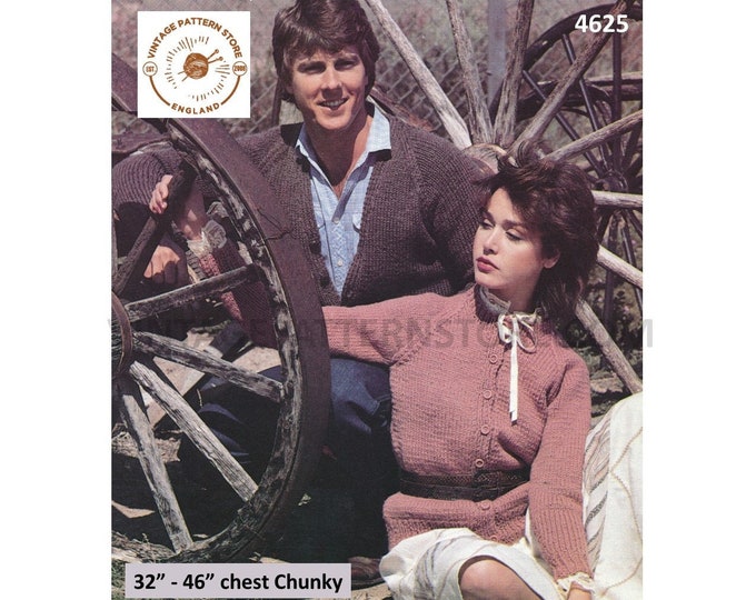 Ladies Womens Mens 80s vintage quick & easy to knit V round neck chunky knit raglan cardigan pdf knitting pattern 32" to 46" Download 4625