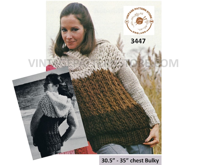 Ladies Womens 70s vintage easy to knit bulky knit hoodie sweater jumper pullover pdf knitting pattern 30.5" to 35" Bust PDF Download 3447