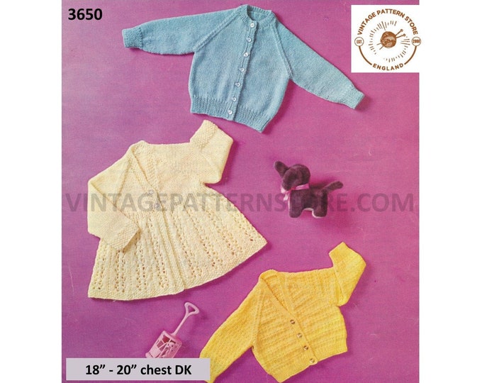 Baby Babies 70s vintage DK lacy hem matinee coat and round or V neck cardigan pdf knitting pattern 18" to 20" instant PDF download 3650