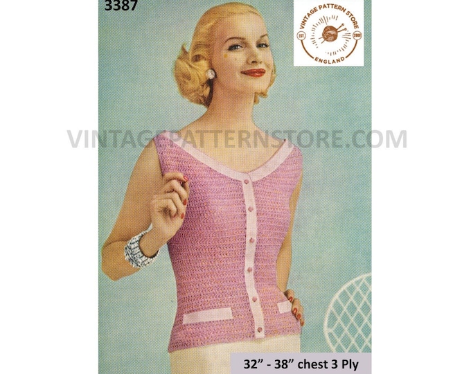 Ladies Womens 50s vintage 3 ply scoop boat neck sleeveless slipover sweater vest Summer top pdf crochet pattern 32" to 38" Download 3387