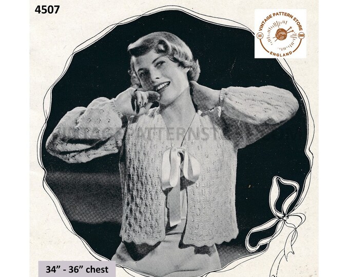 Ladies Womens 30s vintage V neck ribbon tie lacy lace raglan bed jacket bedjacket pdf knitting pattern 34" to 36" Bust Download 4507