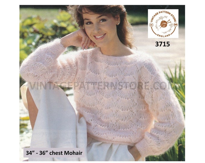 Ladies Womens 80s slash neck string lace drop shoulder lacy dolman mohair sweater jumper pdf knitting pattern 34" to 36" PDF Download 3713