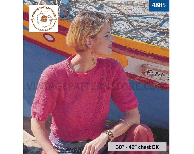 Womens 90s DK round neck short sleeve lacy eyelet lace edged raglan Summer sweater jumper pdf knitting pattern 30" to 40" Download 4885