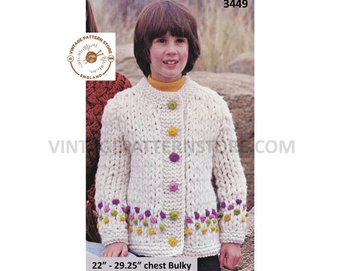 Boys Girls 70s vintage easy to knit round neck bulky knit raglan cardigan pdf knitting pattern 22" to 29.25" chest Instant PDF Download 3449