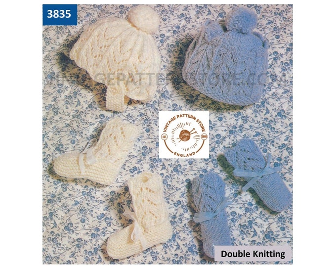 Baby Babies 70s vintage DK lacy eyelet lace bonnet and booties bootees pdf knitting pattern Instant PDF download 3835