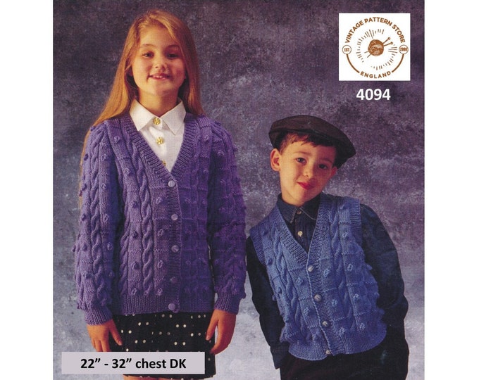 Boys Girls Toddlers 90s V neck cable cabled raglan DK cardigan & waistcoat pdf knitting pattern 22" to 32" chest Instant download 4094