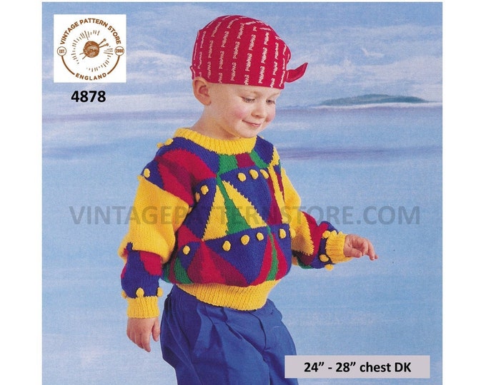 Boys Toddlers 90s DK round neck colour blocked geometric drop shoulder dolman sweater jumper pdf knitting pattern 24" to 28" Download 4878