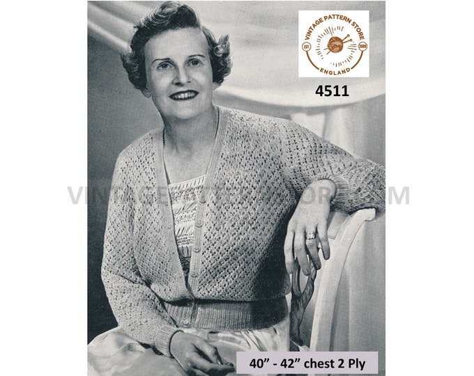 Ladies Womens 30s vintage 2 ply V neck eyelet lace lacy raglan bed jacket bedjacket pdf knitting pattern 40" to 42" Bust PDF Download 4511