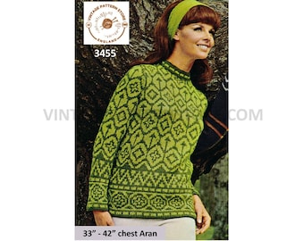 Ladies Womens 60s vintage crew neck fair isle raglan aran sweater jumper pullover pdf knitting pattern 33" to 42" Instant PDF download 3455
