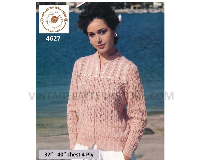 Ladies Womens 80s vintage round neck ribbon yoke yoked eyelet lace lacy raglan cardigan pdf knitting pattern 32" to 40" PDF Download 4627